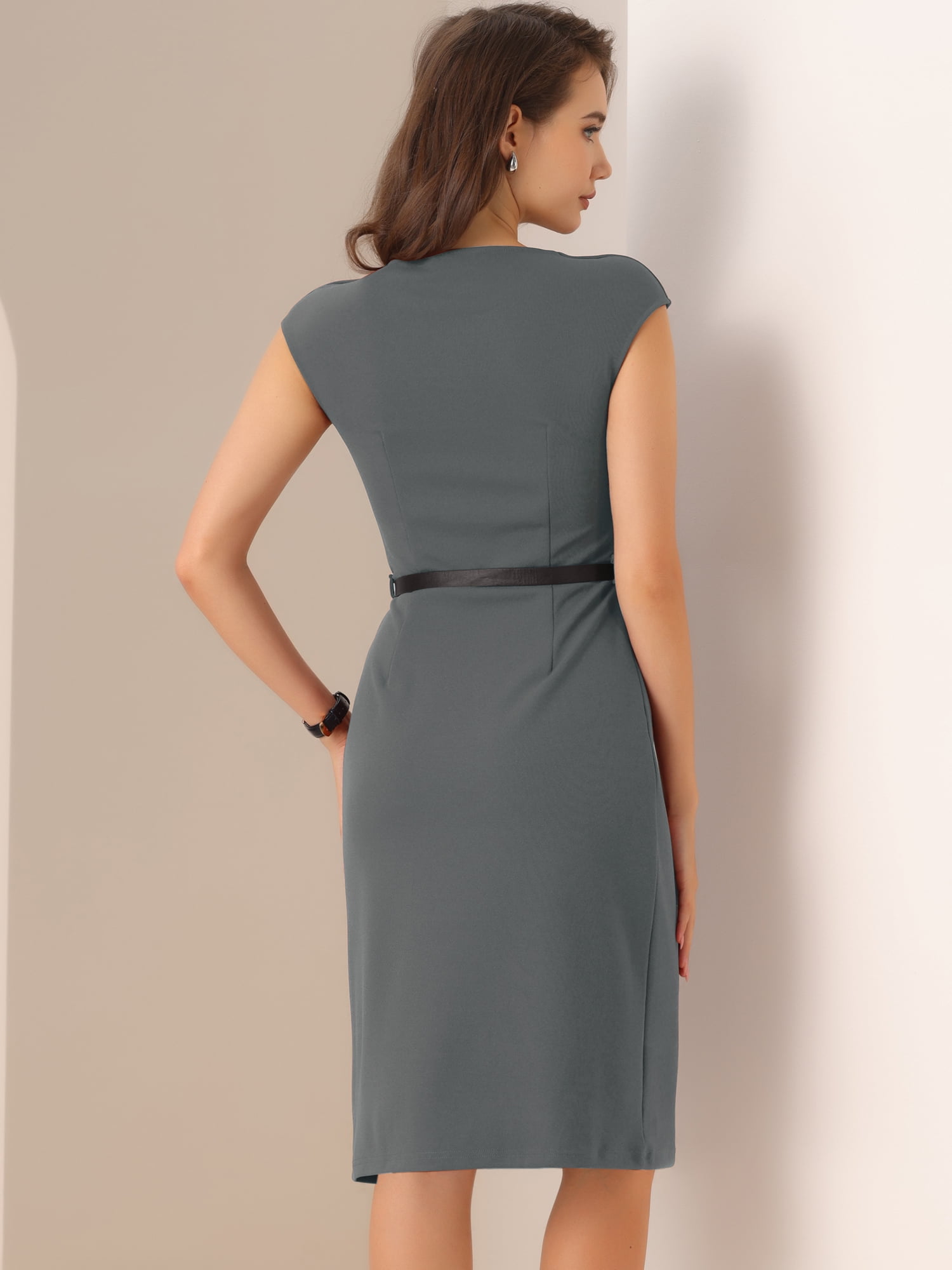 DARING DIVA Elegant Round Neck Cap Sleeve Belted Work Sheath Dresses XS Dark Grey
