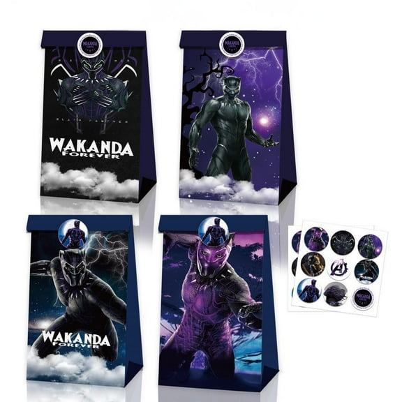 24 PCS Black Panther Paper Bags and 36 PCS Sticker Black Panther Theme Party Paper Gift Bags with Handle for Birthday Party Favor Treat Goodie Bags Party Decoration Supplies (8.6*4.7*3.1 IN)