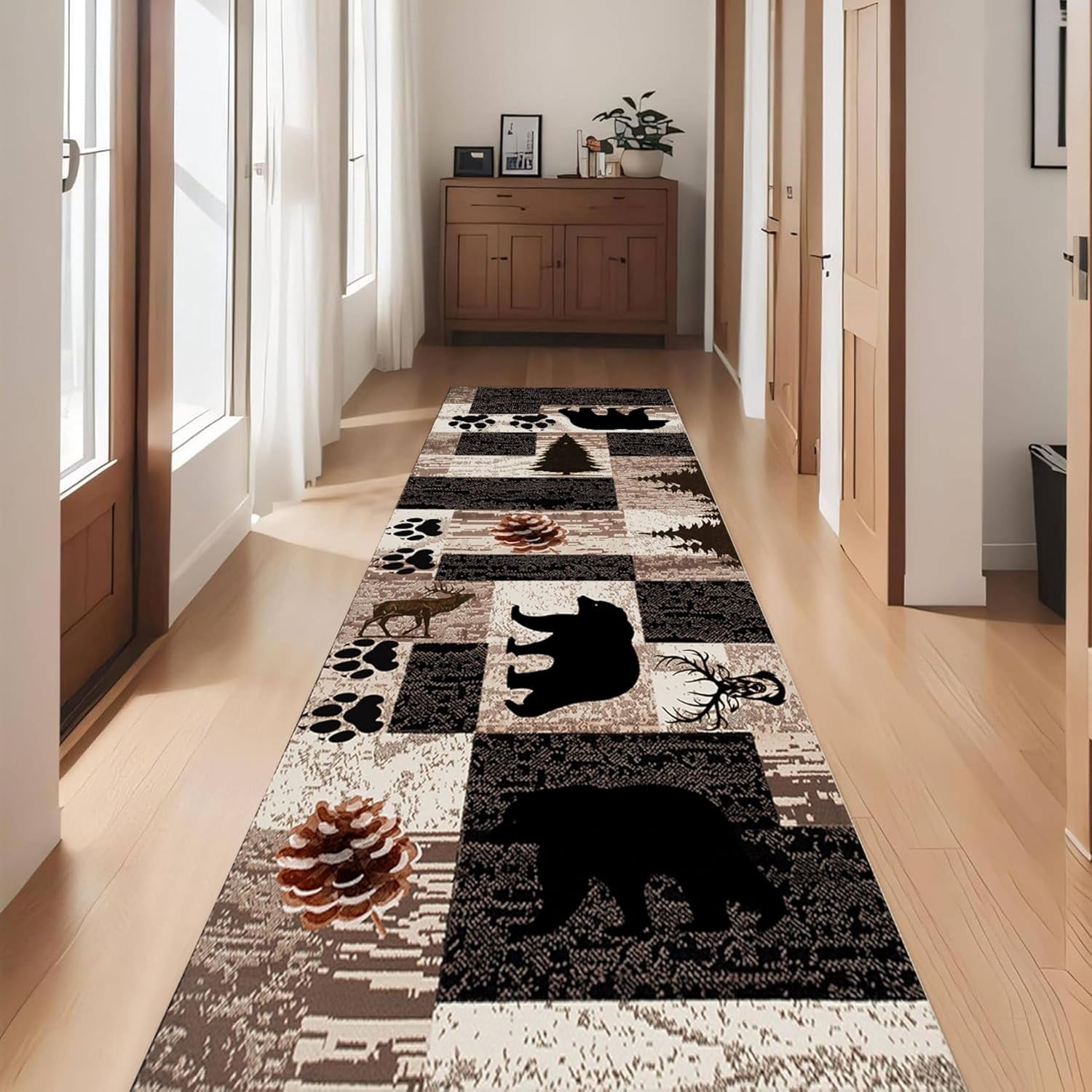 Rustic Lodge Runner Rug,2x7ft,Western Country Bear Elk Deer Wildlife Log Design,Forest Landscape Hunting Theme Rug,with Non Slip Backing Washable Rugs, Non Slip Pet Friendly Rug for Hallway
