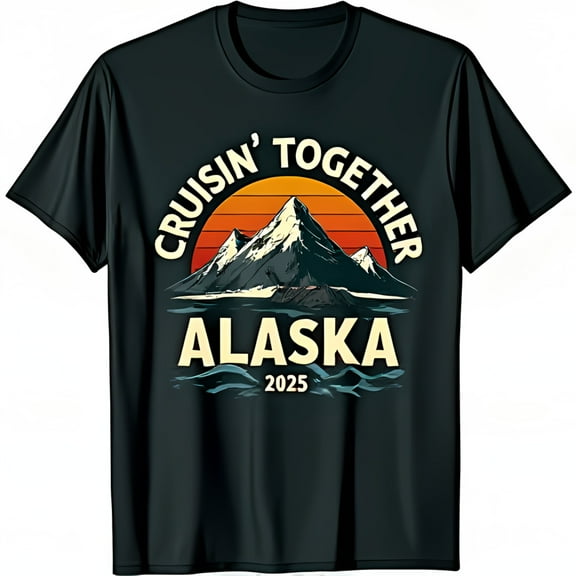 Black T-Shirt with Retro Mountain Range & Sunset Graphic Cruisin Together Alaska 2025