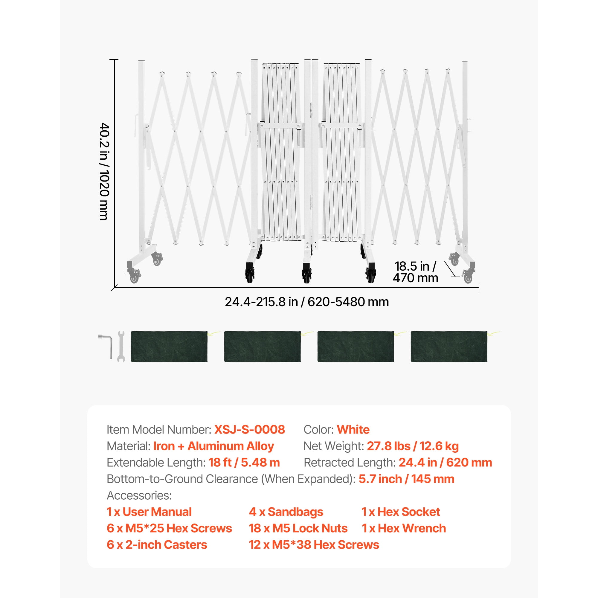 KFFKFF Double Expandable Barricades, 18FT Adjustable Safety Barrier, 0-180° Rotating Mobile Gate with Locking Wheels, Portable Folding Security Fence for Outdoor, Stairways