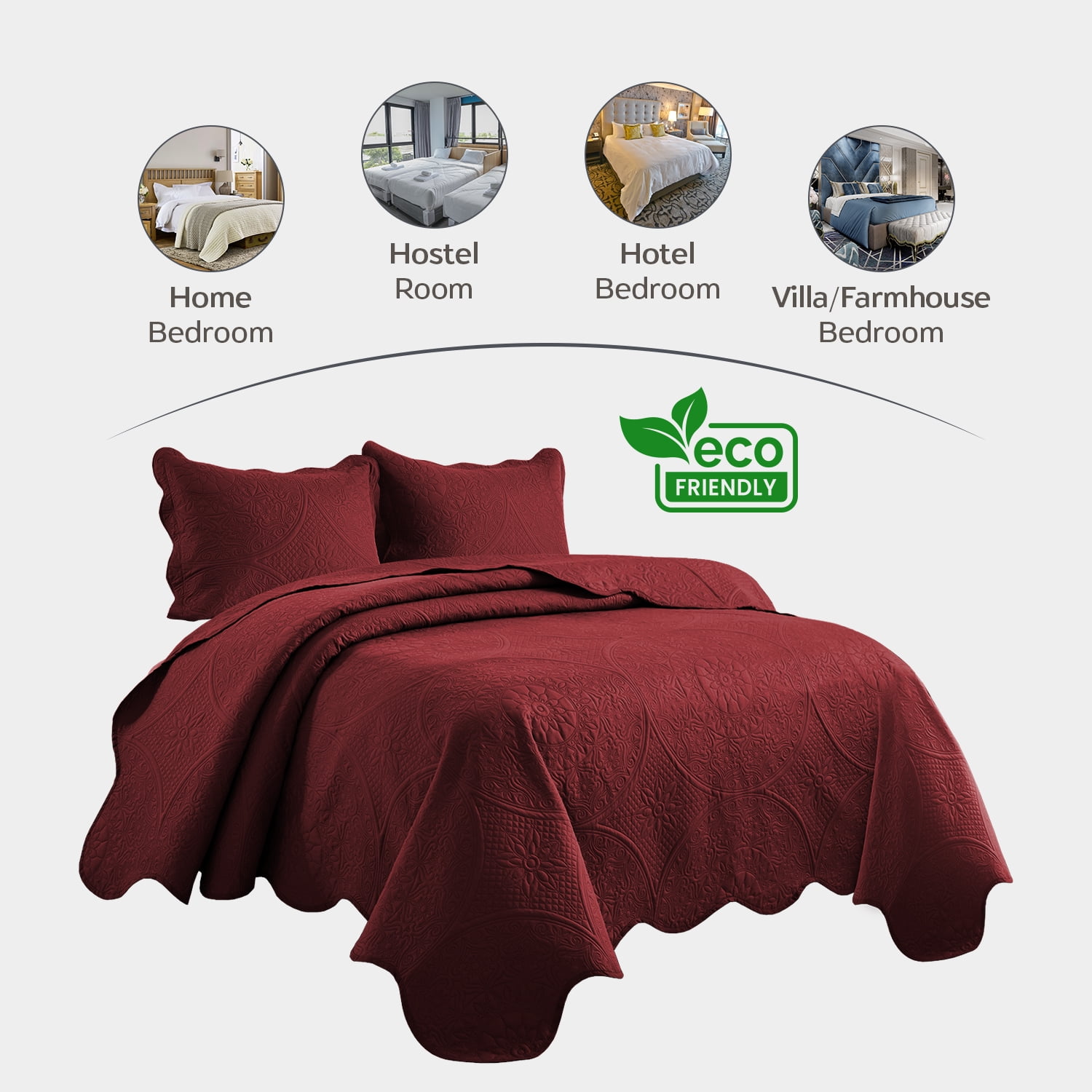 Moonlight20015 3 Piece Quilt Set Ultrasonic Lightweight Microfiber Floral Pattern Burgundy Queen