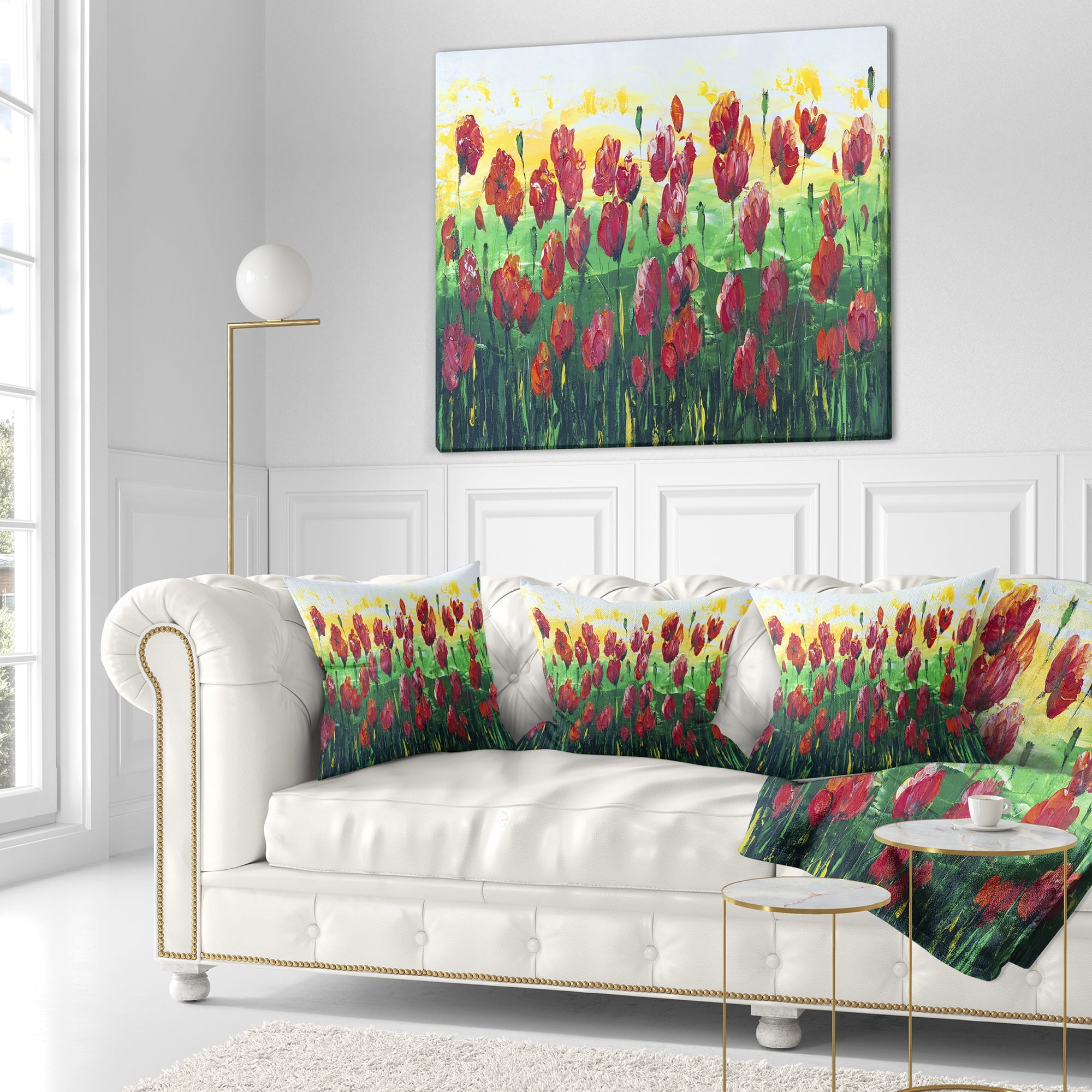 Designart Wild Red Poppies Field Panorama - Modern Landscape Printed Throw Pillow - 16x16