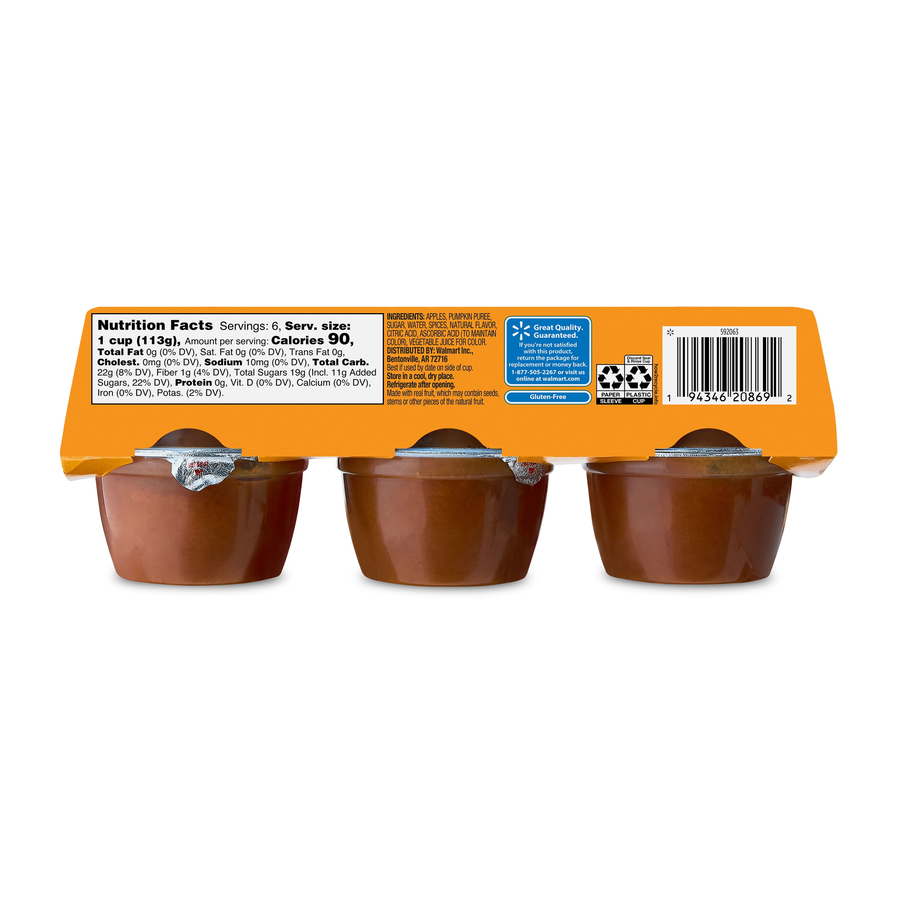 (12 pack) Great Value Pumpkin Spice Applesauce, 4 oz, 6 Count