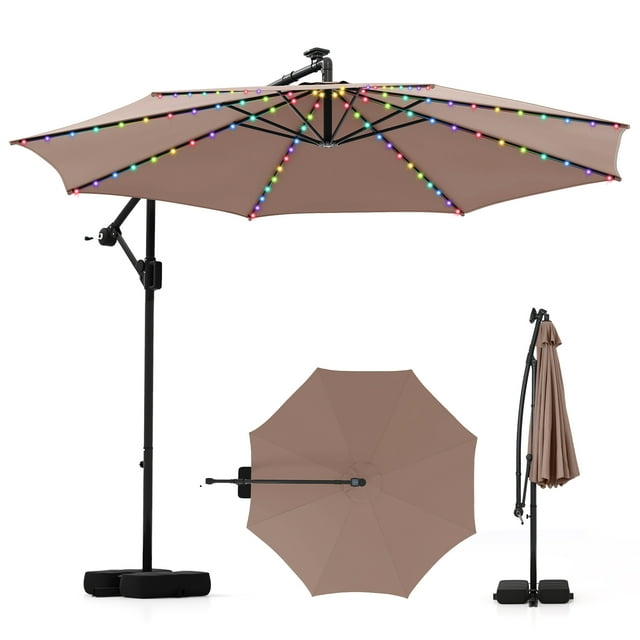 Costway 10 FT Solar Offset Hanging Umbrella with 96 Solar Multi-colored Flowing LED Lights Coffee