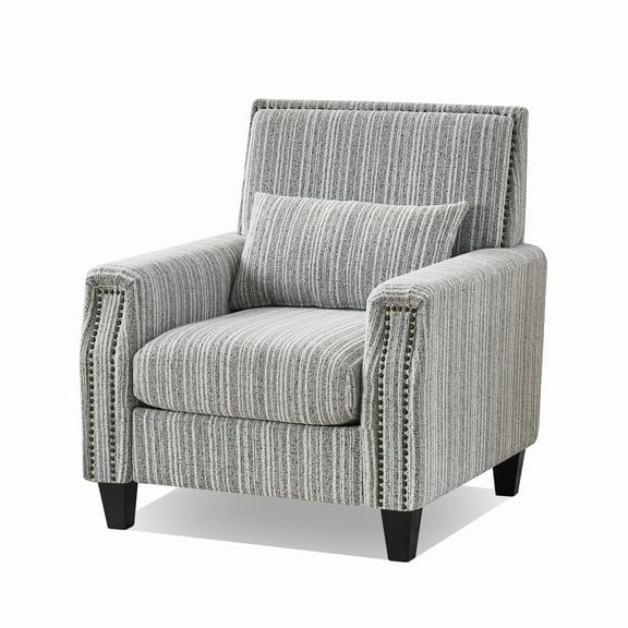 Modern Accent Chair with Nailhead Trim, Striped Cotton-Linen Upholstered Armchair Comfy Single Sofa with Solid Wood Frame Reading Lounge Chair for Living Room Bedroom, Grey