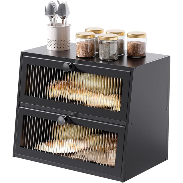 Paneras para encimera de cocina, recipiente hermético para guardar pan, panera grande de madera estilo granja con ventana (negro)
