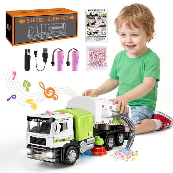UQN 1:50 Electric Garbage Truck Toys, 2-in-1 Alloy Street Sweeper Toy with Light & Sound, Simulated Vacuum Trash Truck Toy for Kids, Cleaning Toys Birthday Gift for Boys Girls Toddlers 3-6