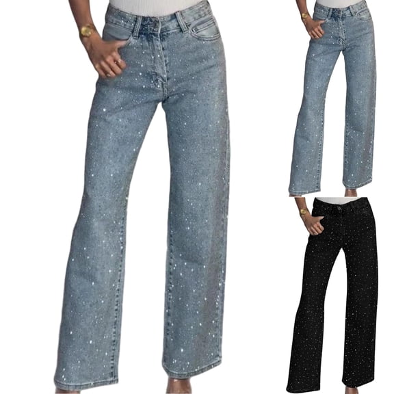 Wutalume High Waisted Jeans for Women Rhinestone Embellished, Straight Wide Leg Sparkly Denim Pants for Party & Evening Outfits,Black L
