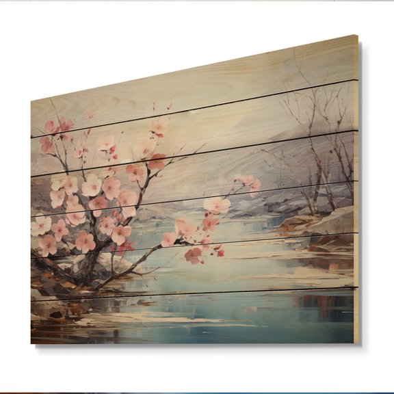 Designart "Blossom Serenity Japan Cherry painting I" Japanese Print on Natural Pine Wood