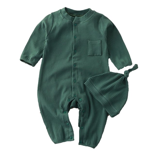 Sunnyoo Todder Boys Sleepwear Jumpsuit Solid Color Button Long Sleeve Romper with Hat Outfits