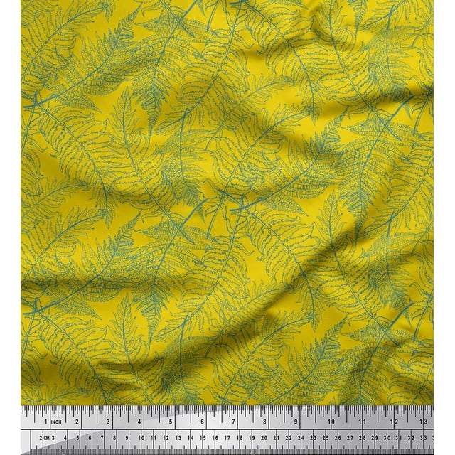 Soimoi Yellow Poly Georgette Fabric Artistic Leaves Printed Fabric 1 Yard 42 Inch Wide