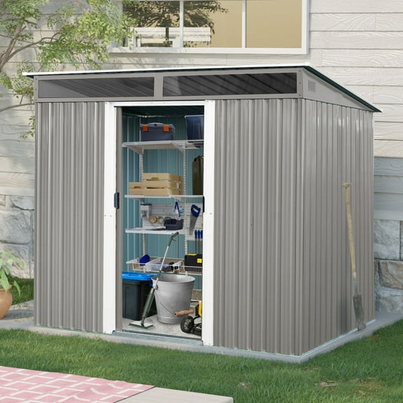 8x6ft Outdoor Metal Shed Tool Storage w Lockable Sliding Doors&Transparent Plate