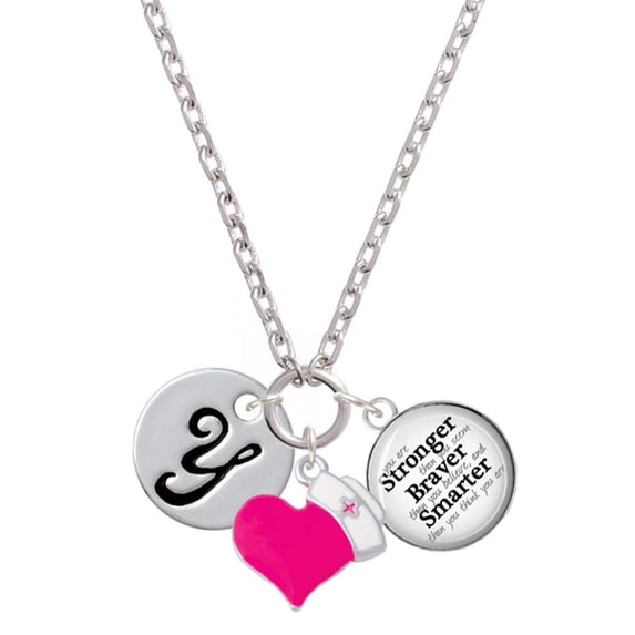 Delight Jewelry Silvertone Large Script Letter - Y - 3/4'' Disc - Hot Pink Heart Nurse Strong Zoe Necklace