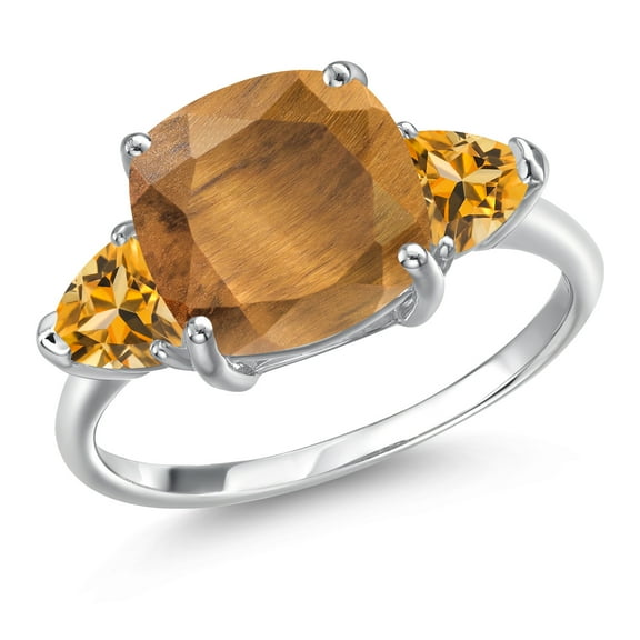 Gem Stone King 4.32 Ct Cushion Brown Tiger Eye Yellow Citrine 10K White Gold Ring (Size 9)