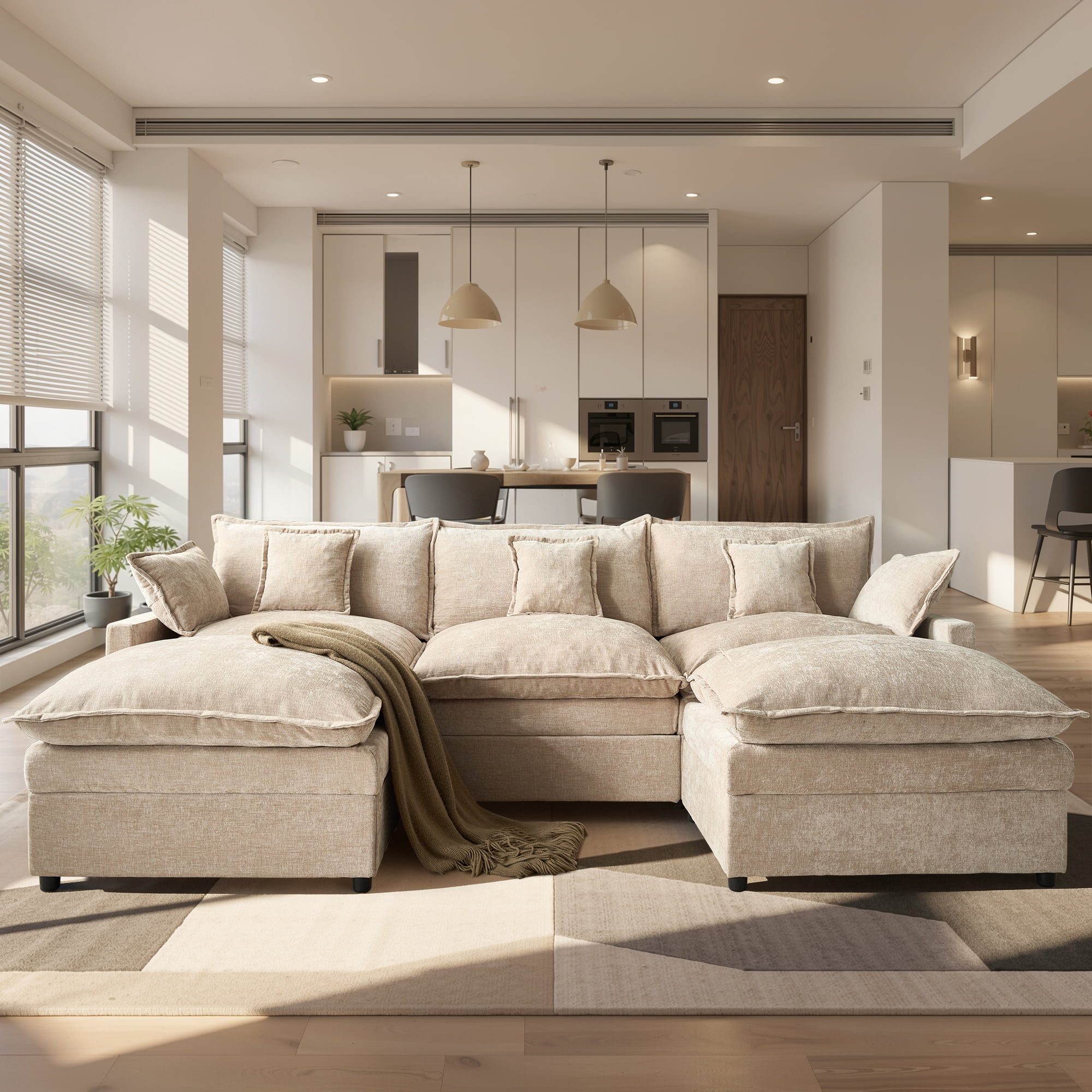 Ovios 108" Modular Sectional Sofa U-Shaped Cloud Couch with 2 Ottomans, Comfy Living Room Furniture, Chenille, Camel