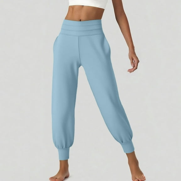SYMOID Womens High Waisted Stretch Jogger Pants - Tummy Control, Side Pockets, Polyester Spandex, Light Blue,Size S