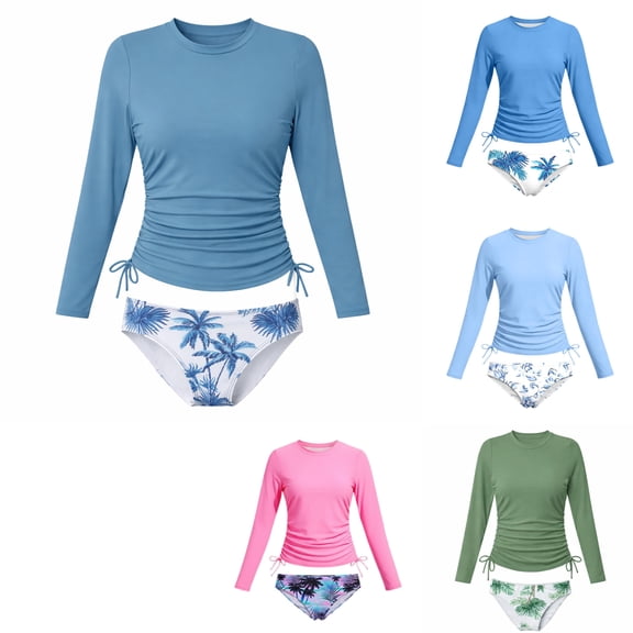 Girls 2 Piece Rash Guard Swimsuit Long Sleeve UPF 50  High Waist Tropical Print Bathing Suit for Kids Summer Beach Wear(Blue/10)