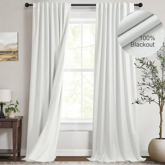 DANCURTON Ivory Linen Blackout Back Tab Curtains for Bedroom Windows 52 x 108 Length
