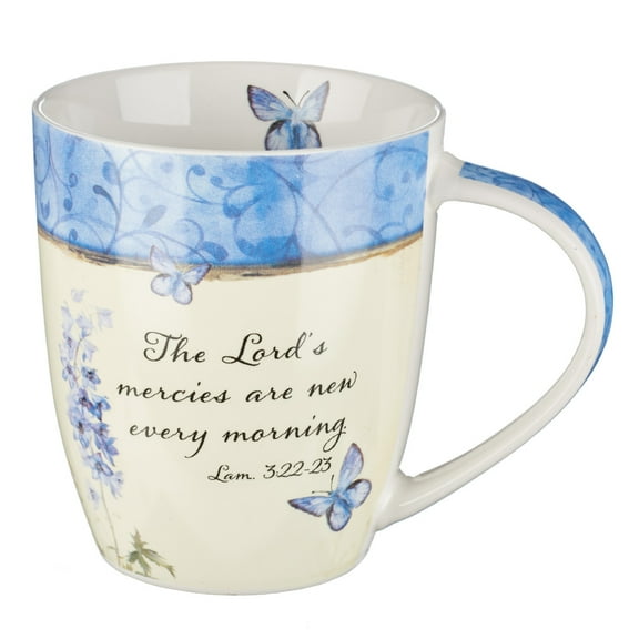 Christian Art Gifts Bible Verse Mug for Women  Butterfly Scripture Mug w/Blue Flowers – The Lord’s Mercies Lamentations 3:22-23 Mug  Inspirational Coffee Cup and Christian Gift (12 oz Ceramic Cup)