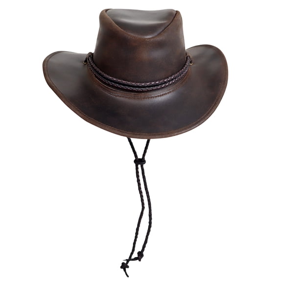 Authentic StellMan Cowboy Hat – Dark Brown Leather with Chin Strap & Braided Trim