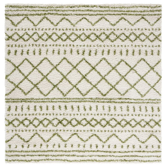 SAFAVIEH Arizona Teagan Geometric Shag Area Rug, Ivory/Green, 6'7" x 6'7" Square