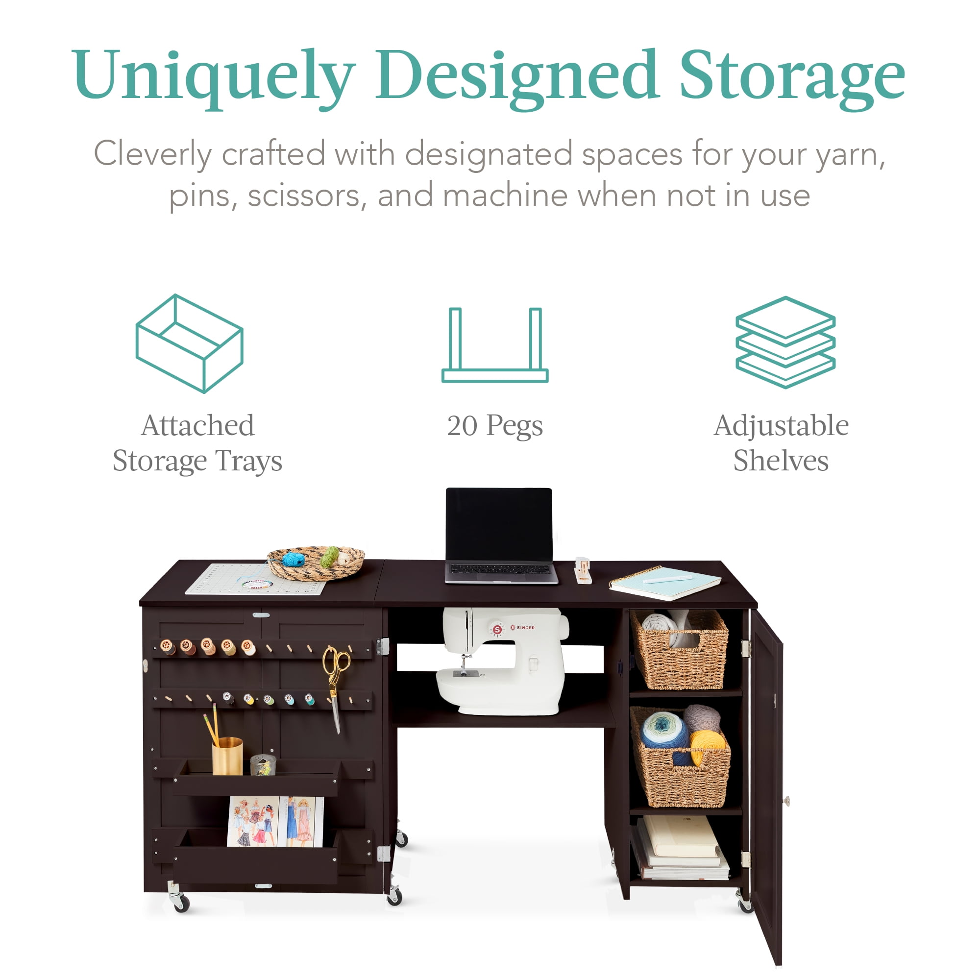 Best Choice Products Large Portable Multipurpose Folding Sewing Table w/ Magnetic Doors, Craft Storage - Brown