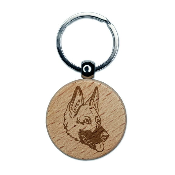 German Shepherd Dog Head Round Keychain Charm Tag - Engraved Wood