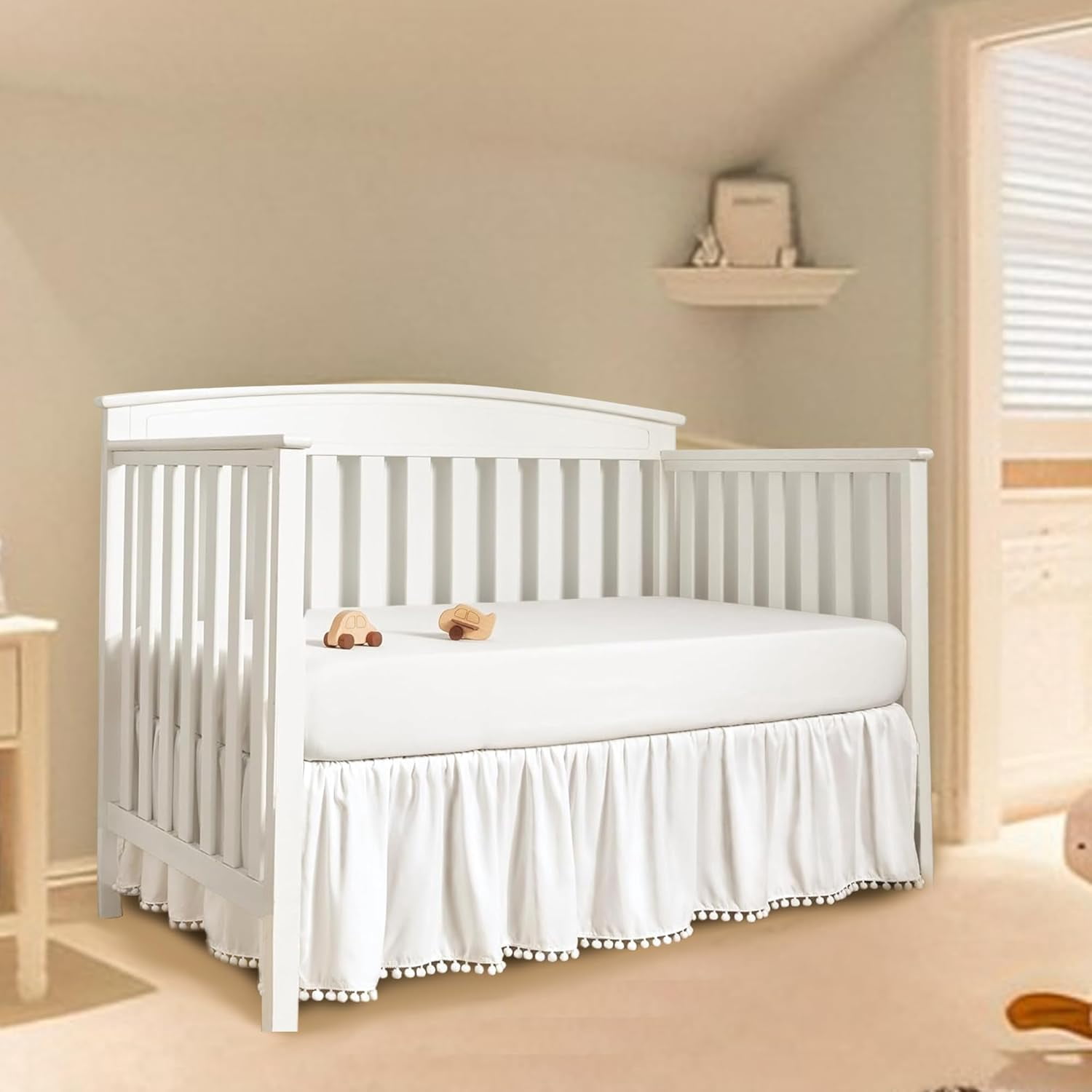Ruffled Crib Skirt with Pompoms:Crib Bed Skirt with 14" Drop,Mini Crib Bedding Toddler Skirt,Baby Crib Accessories for Baby Boys Girls,28" X 52" (White)