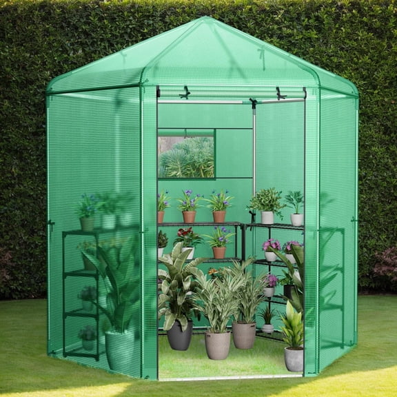 GVN Walk-In Hexagonal Greenhouse with PE Cover and Metal Frame, Walk-in Green House, Portable Greenhouse for Planting and Storage