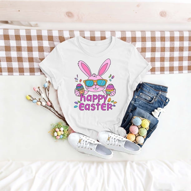 TaTaai Women's Loose Fit Cotton Tee Easter Printed Short Sleeve Crew Neck Casual Summer Chic T-Shirt Daily Work Home Party Gift