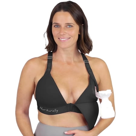 Nurturally Nursing and Pumping Bra, Adjustable Breast Pump Bra, Non-Wired Pumping Bra Hands Free, High Support Nursing Bras for Breastfeeding and Pumping, Breast Pump NOT Included | M, Black