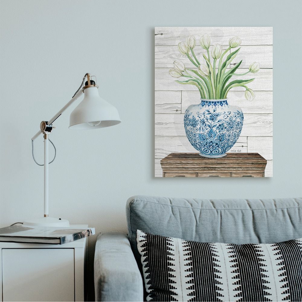 Stupell Industries Fresh White Tulips on Blue Floral Vase Design Canvas Wall Art Design by Cindy Jacobs