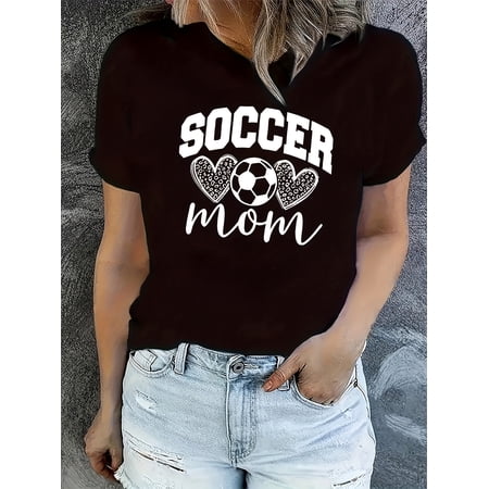 Women's Soccer Mom Graphic T-Shirt Leopard Print Heart Soccer Ball Casual Game Day Apparel Retro Style Short Sleeve Tee