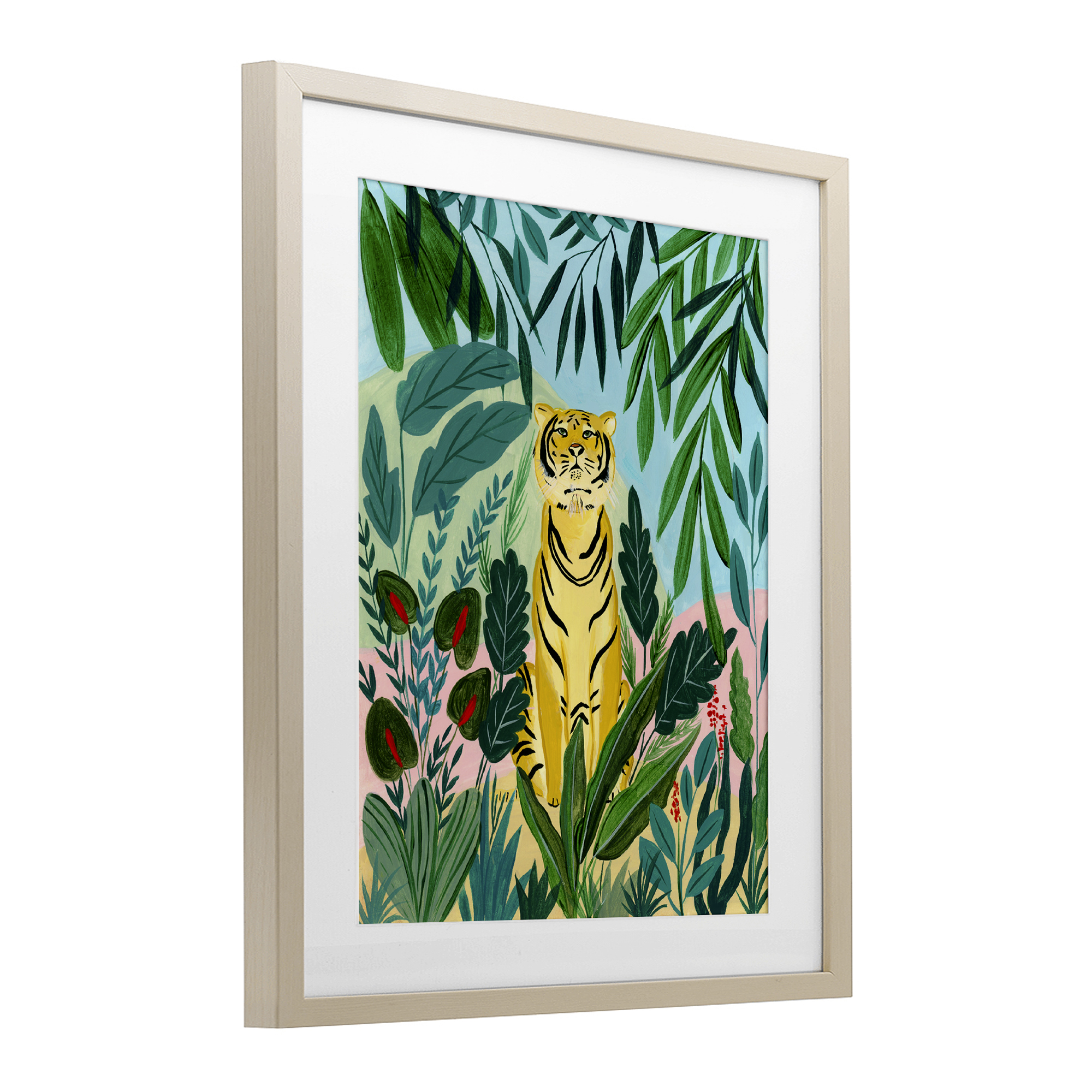Stoic Tiger Tropical Forest Birch Framed Print Under Glass, design by Nabeela Rumi