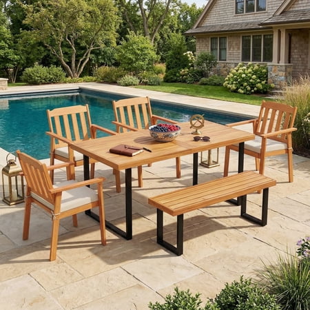 Resenkos Yard Outdoor Furniture Set 6-Piece 63 Inch Acacia Wood Table with 4 Armchairs and 1 Backless Bench Brown