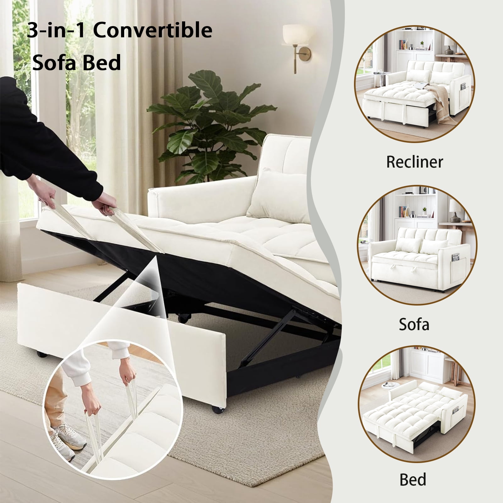 EPOWP 3 in 1 Folding Convertible Sofa Bed,55'' Pull Out Couch Bed with Side Pocket,Velvet Fabric Loveseat Sleeper Sofa with Adjustable Backrest,Easy Assembly,Perfect for Living Room,Off White