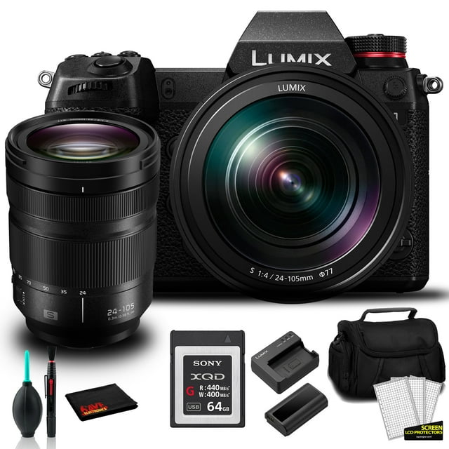 Panasonic Lumix DC-S1 Full-Frame Mirrorless Digital Camera with 24-105mm Lens -Bundle with 64GB Memory Card + MORE