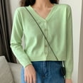 thumbnail image 3 of Women Solid Color Long Sleeve V Neck Cardigan Sweater Buttons Short Knitwear, 3 of 7