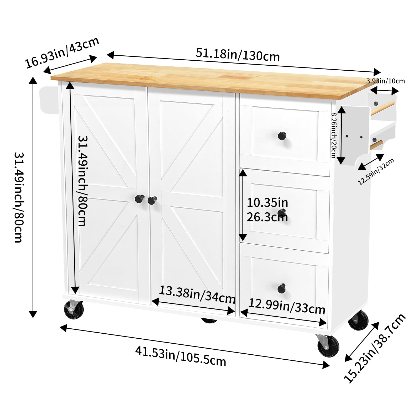 ZZBIQS Kitchen Island Cart on Wheels with  Cabinet & Drawer & 2 Adjustable Shelves, Rolling Kitchen Storage Cabinet with Wine Rack, White