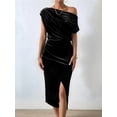 thumbnail image 5 of Women'S Off the Shoulder Asymmetrical Velvet Midi Dress Short Sleeve Ruched Elegant Party Dresses Black L, 5 of 8