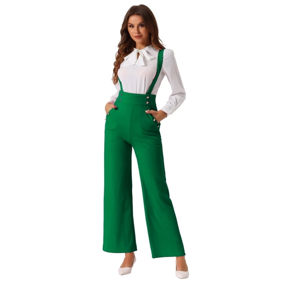 DARING DIVA Women's Casual Office Adjustable Straps Wide Leg Overalls XS Dark Green