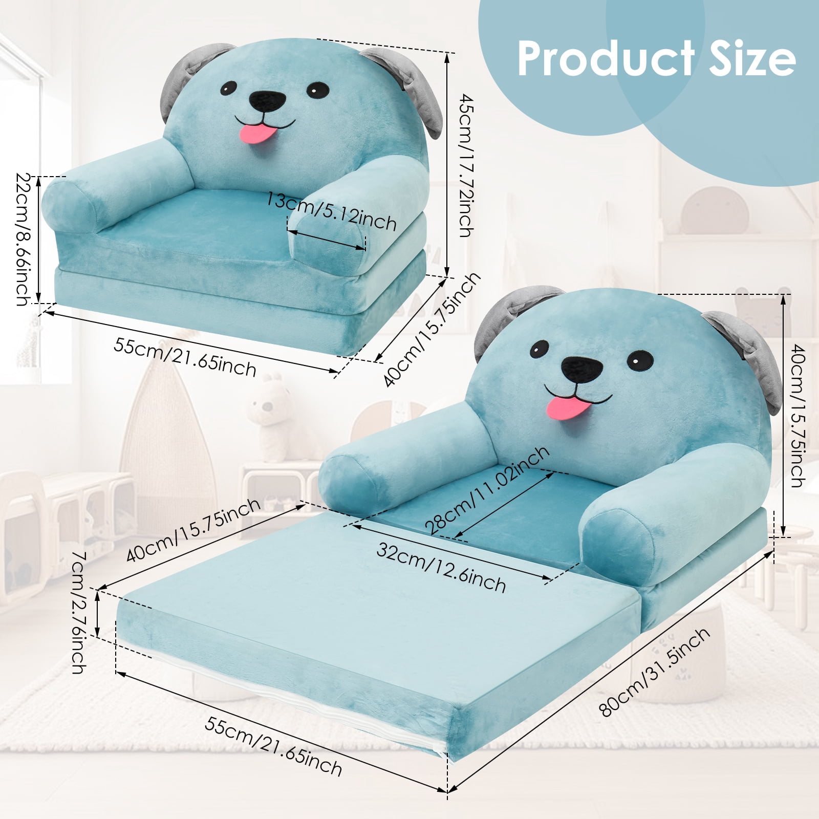Dznils Toddler Sofa Chair, 2-in-1 Soft Foam Flip Open Kids Couch Lounger Comfy, Ages 1+, Blue Dog