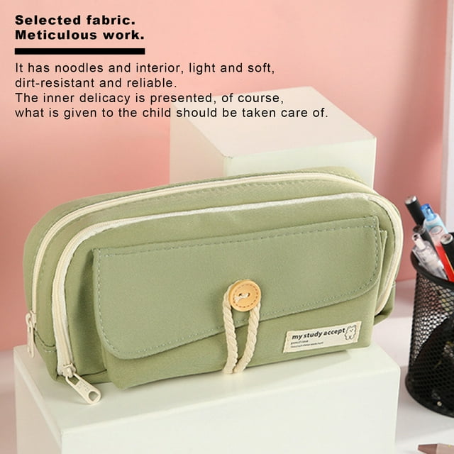 Limited Offer, Student Large Capacity Stationery Bag Button Three Layer Of Canvas High Appearance Succinct Storage Pen Bag|Canvas,Green,PENDANEM
