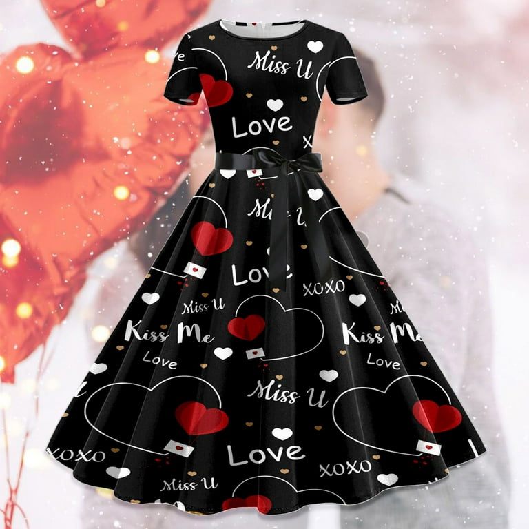 Yuanlong Womens Short Sleeve Dresses Heart Sequin Print Belted Swing Midi  Gown Valentine & Carnival Sparkling Party Skirts - Walmart.com