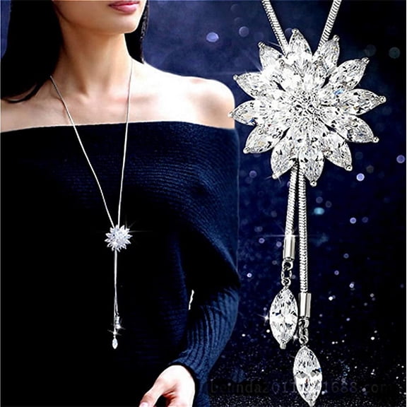 Cathercing Rhinestone Lotus Floral Pendant Long Necklace for Women Sweater Chain Statement Necklace Choker Adjustable Elegant Jewelry Accessories Dressy Collocation Winter Evening Party Wedding