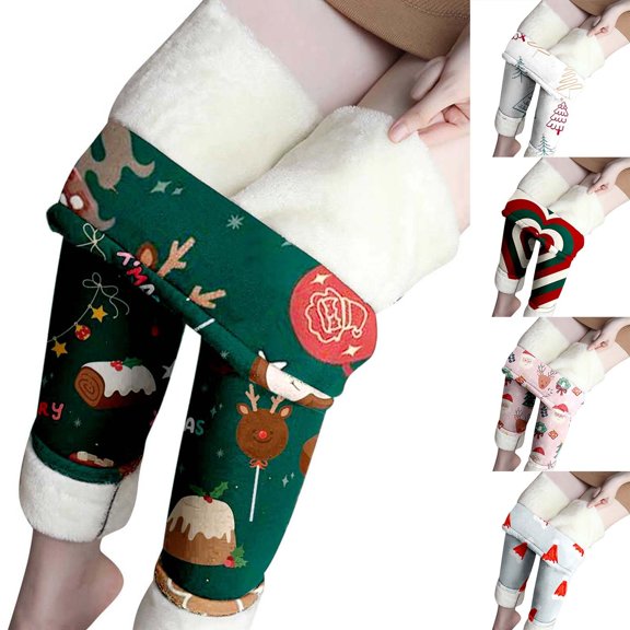 siminsem Warm Winter Velvet Leggings for Women Christmas High Waist Holiday Print Stretchy Skinny Pants Tummy Control Cozy Tights Gift for Her, B,L