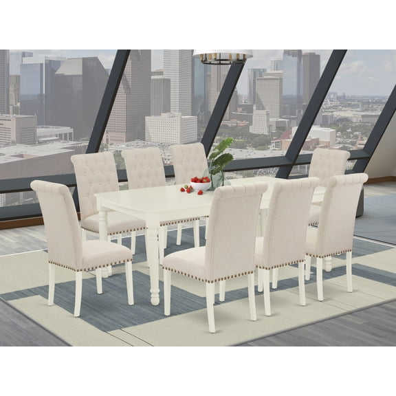 DOBR9-LWH-02 9Pc Dining Set Includes a Rectangle Dinette Table with Butterfly Leaf and Eight Parson Chairs with Light Beige Fabric, Linen White Finish