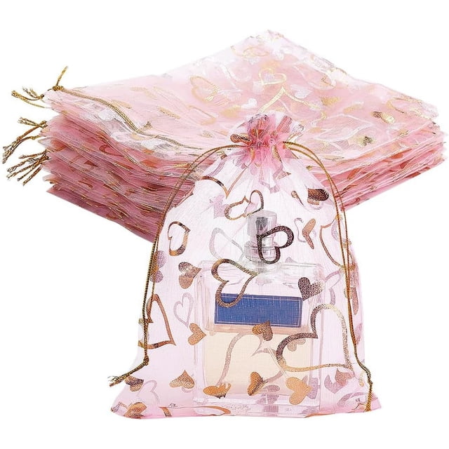 Bolsas de organza con forma de corazón de 5 x 7 pulgadas, 100 unidades, bolsas de regalo rosas, bolsas para joyería, bolsas de malla con cordón, bolsas para regalos de boda, bolsas de regalo