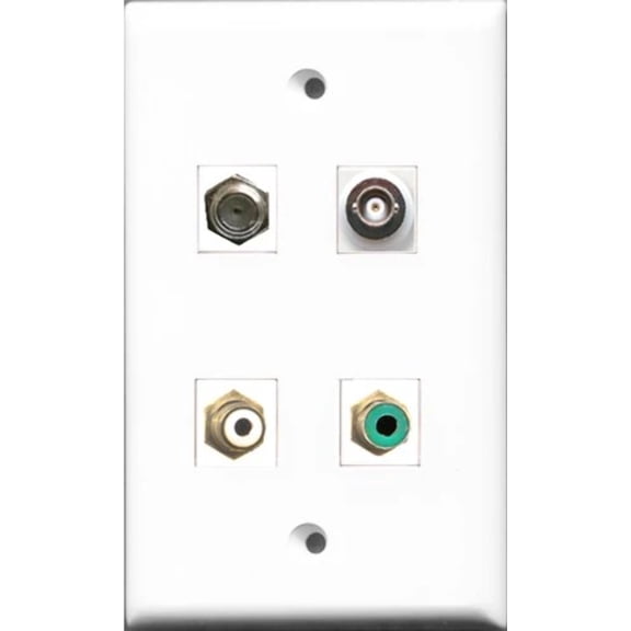 RiteAV 1 Port RCA White and 1 Port RCA Green and 1 Port Coax Cable TV- F-Type and 1 Port BNC Wall Plate